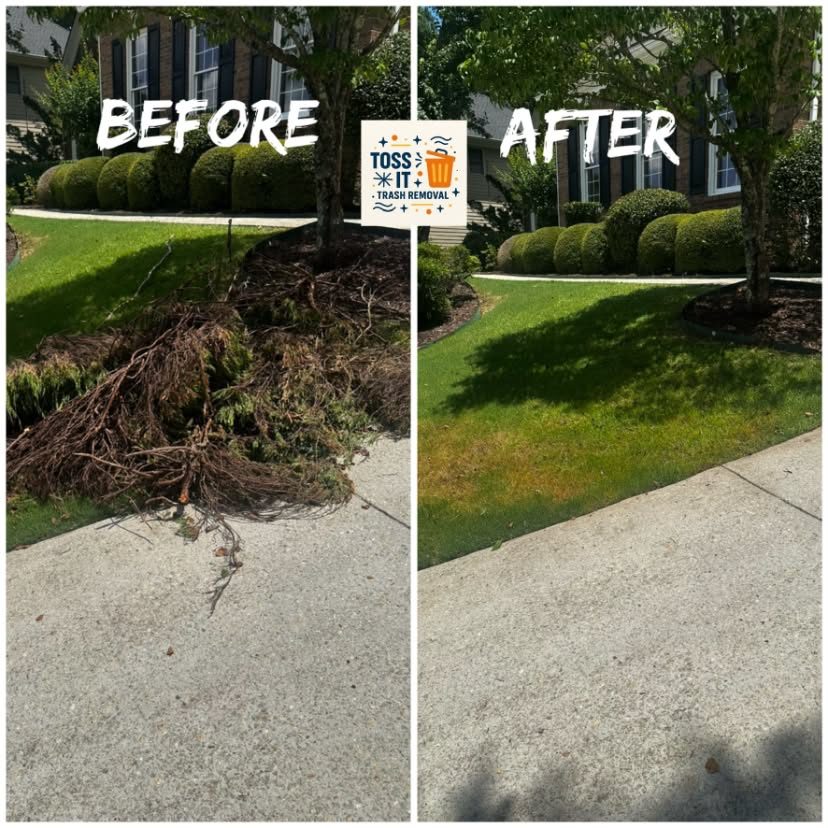 Before and after yard debris cleanup by Toss It Trash Removal in Buford GA